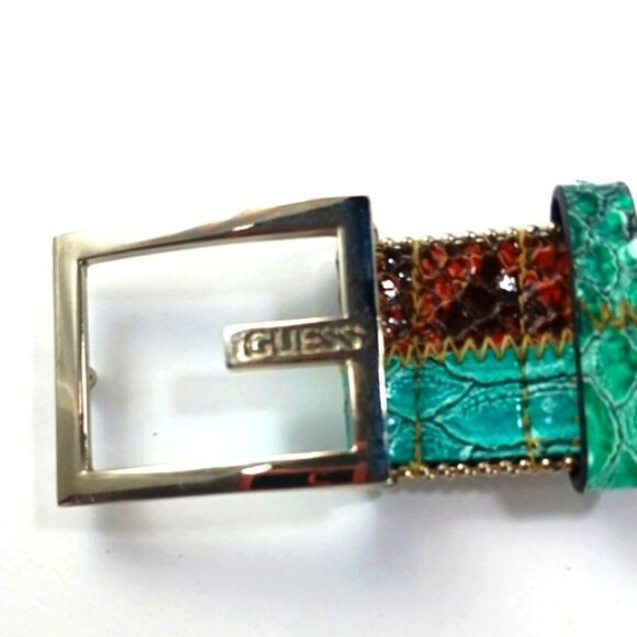 Guess Vibrant Mock Snakeskin Reptile Studded Beaded Belt Silver Buckle Size XS.. - Picture 3 of 14